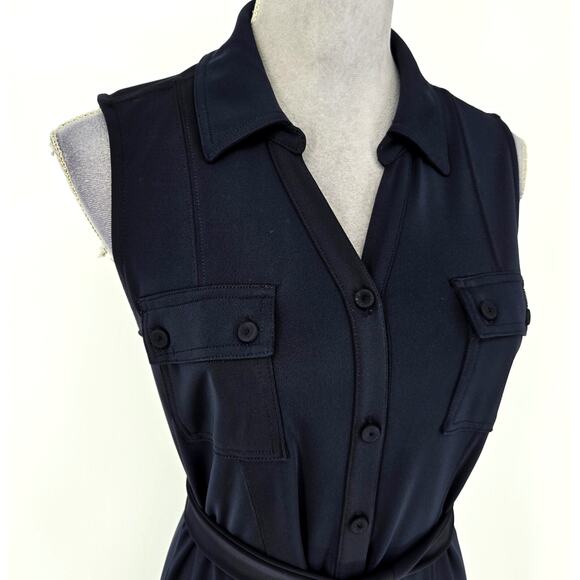 Talbots Dress Petites MP PM Navy Blue Stretch Knit Button Front Maxi Belt Career - Picture 7 of 10